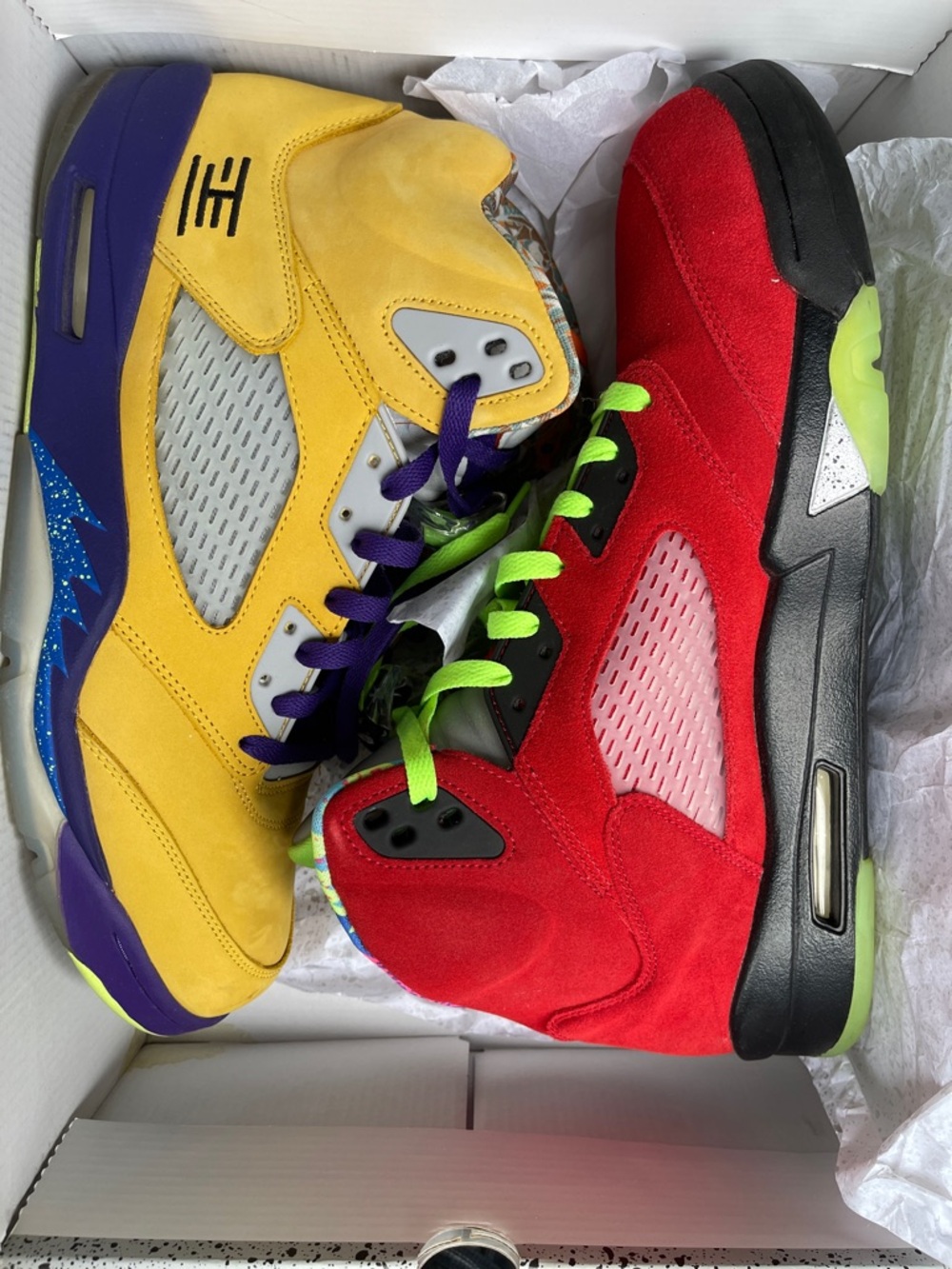 Jordan Retro Mismatched Sneakers in Yellow, Red, Purple & Neon Green